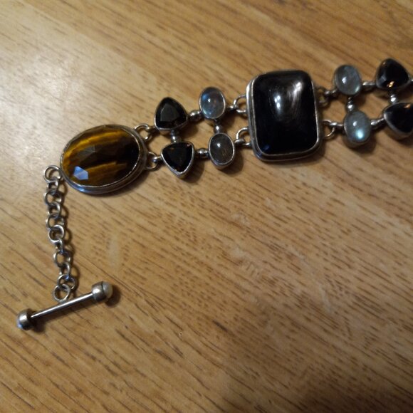 Sign 925 Sterling Silver w Gemstones Smoky Topaz Tiger Eye Opal or Moon Stone - Picture 1 of 5